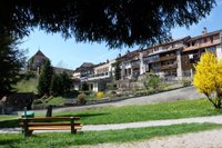 Europe, Switzerland, Freiburg, gruyere cheese, Les Grands-Chemins, church,  Église Saint Théodule, architecture, trees, buildings, historically, scener  Stock Photo - Alamy