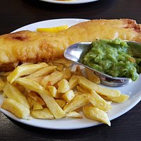 Cod, chips and mushy peas