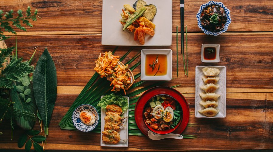 Fresh & vibrant Japanese dishes  vege tempura, pork gyoza, chicken teryaki bowl spicy miso eggpl