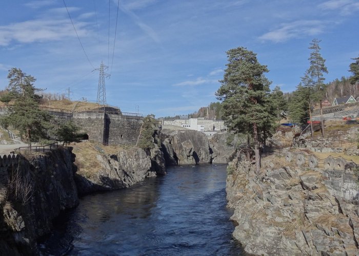 The River Gorge from the Road Bridge. The River discharges from the HEP plant here..