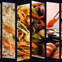 Spring rolls, Chicken wings, Fried rice, Noodles, Pepper beef, Sushi, Bamboo and mushrooms!