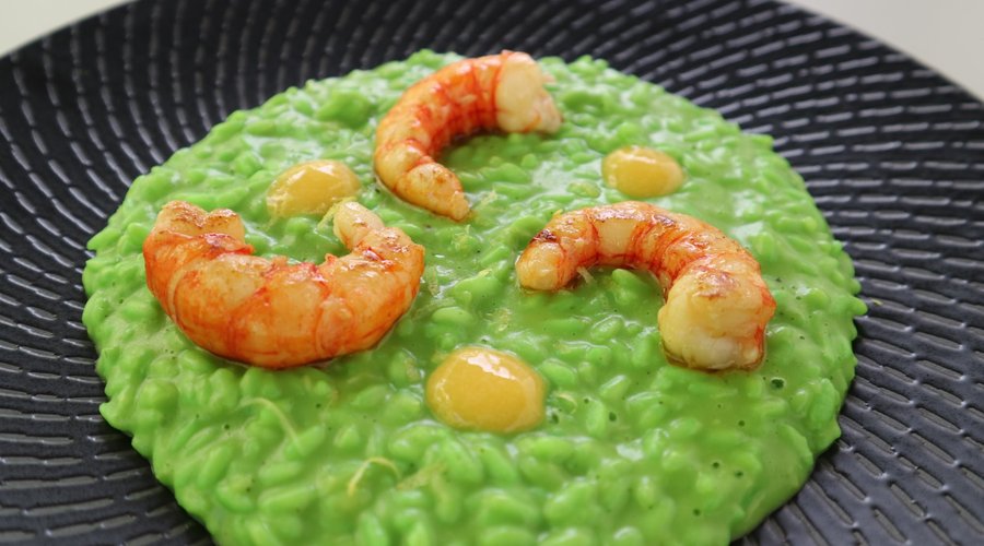 Spring Green Pea Risotto with Super fino Carnaroli Aquerello, Sicilian Red Prawns & Lemon Sabayo
