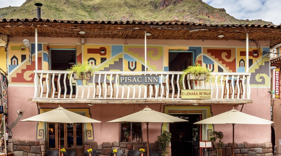 Front of hotel on historic Plaza of Pisac