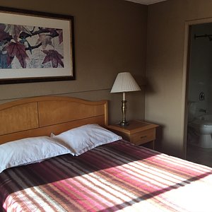 The Bulkley Valley Motel in New Hazelton, image may contain: Lamp, Table Lamp, Painting, Bed
