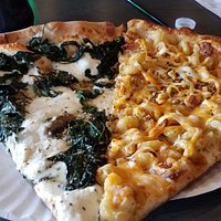 Spinach and ricotta pizza and Mac n cheese pizza