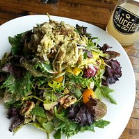 Beets Me Salad with Pesto Chicken added, plus San Pellegrino for beverage