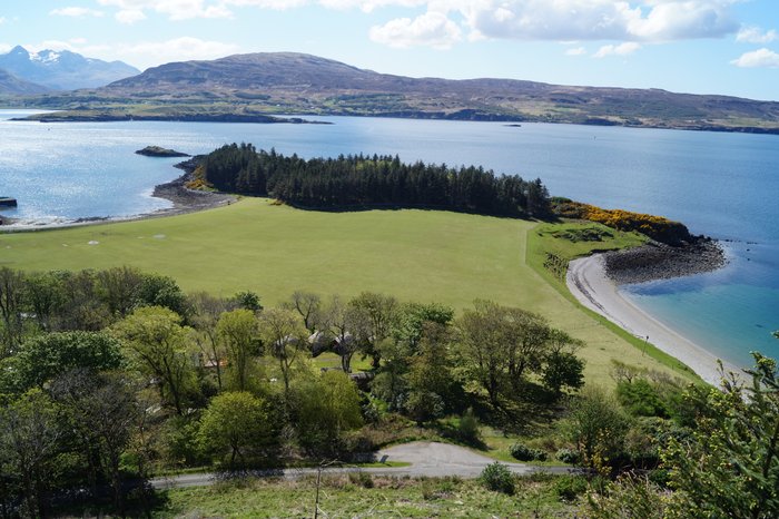 Looking from Temptation Hill towards Pictish stone by the road. 