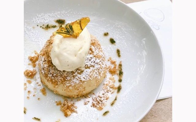 "helga" filled with fresh organic apricot, salted breadcrumbs, vanilla ice cream on top & sweet 