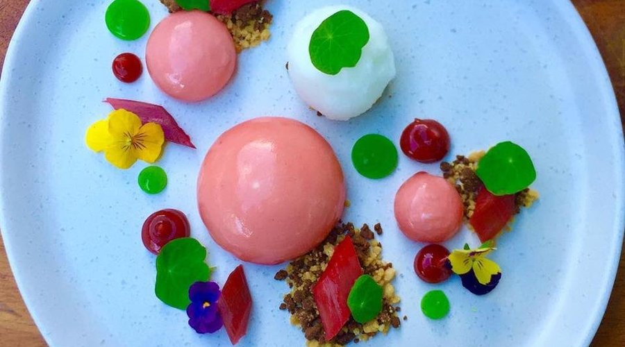 Deconstructed Rhubarb Cheesecake, Caramelised White Chocolate Crumble, Kaffir Lime + Elderflower