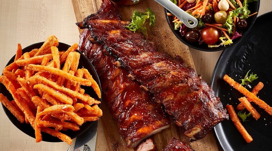 Ribs, sweet potatoes, salad and sauce😋