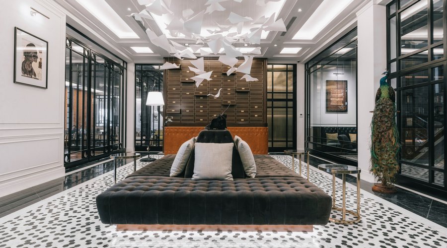 Reception Area & Lobby with the installation of the papers flying from the typewriter. 