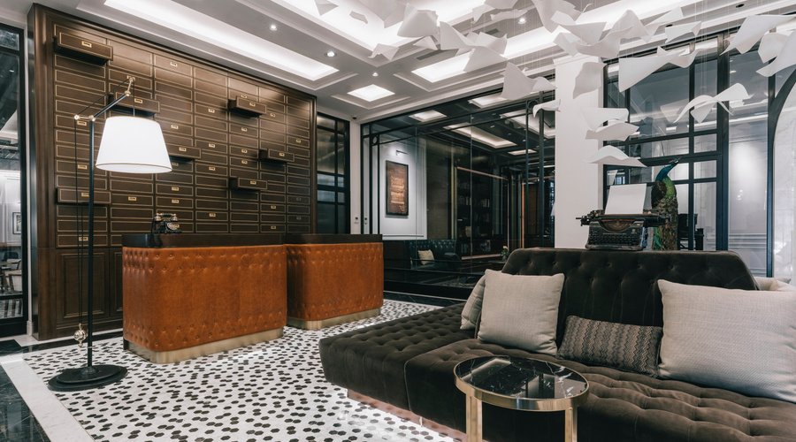 Reception Area & Lobby with the installation of the papers flying from the typewriter. 