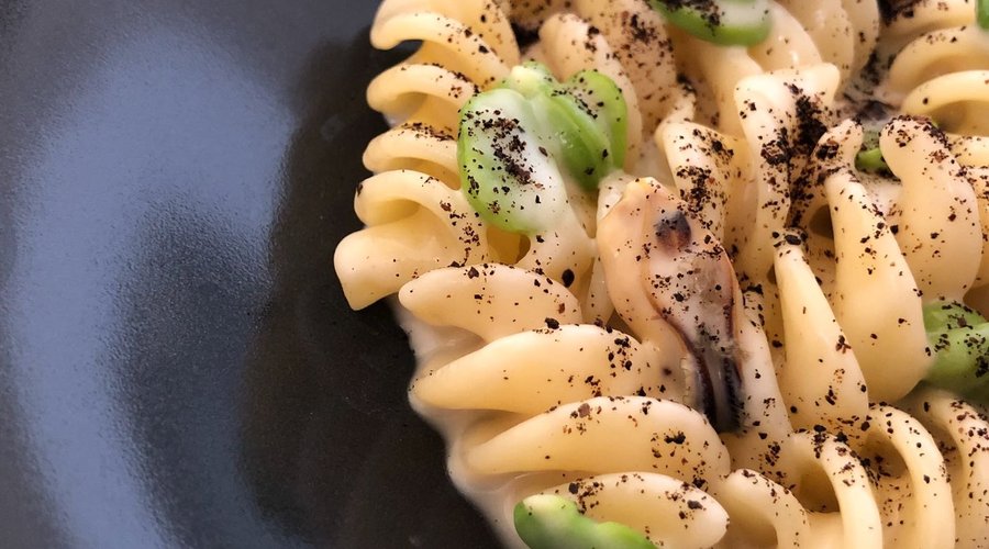Fusillone cozze, fave, canestrato di Moliterno e limone salato
