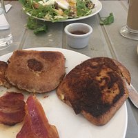 The 2 HEELS of Gluten Free French Toast well done along with the Bacon