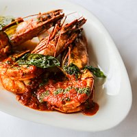Pan Fried Tiger Prawns, Garlic, Tomato and Chilli Sauce