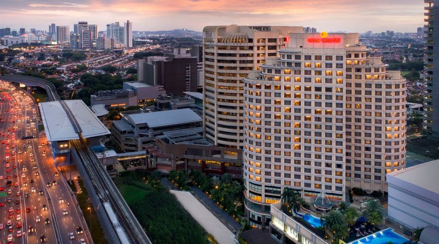 One World Hotel exterior sunset