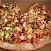 Key West pizza with shrimp, ham, pineapples...among vegetables