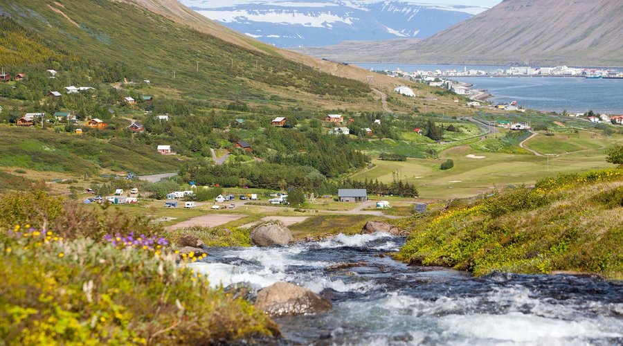 Overview of Tungudalur campsite, with Isafjordur in the back