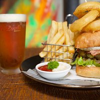 Thirty30 Burger and fries, with a cold McLeods beer