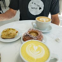 Tumeric Ginger Latte, Vanilla Latte, Plum Pastry, Pistachio/Apricot Scone