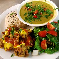Thai box... Thai green curry, Fluffy rice, green salad and crispy pakoras with satay and chilli