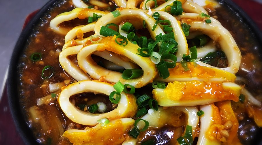 Skillet of fried squid