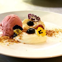 Citrus Cheesecake, gin soaked berries, coconut praline, berry sorbet