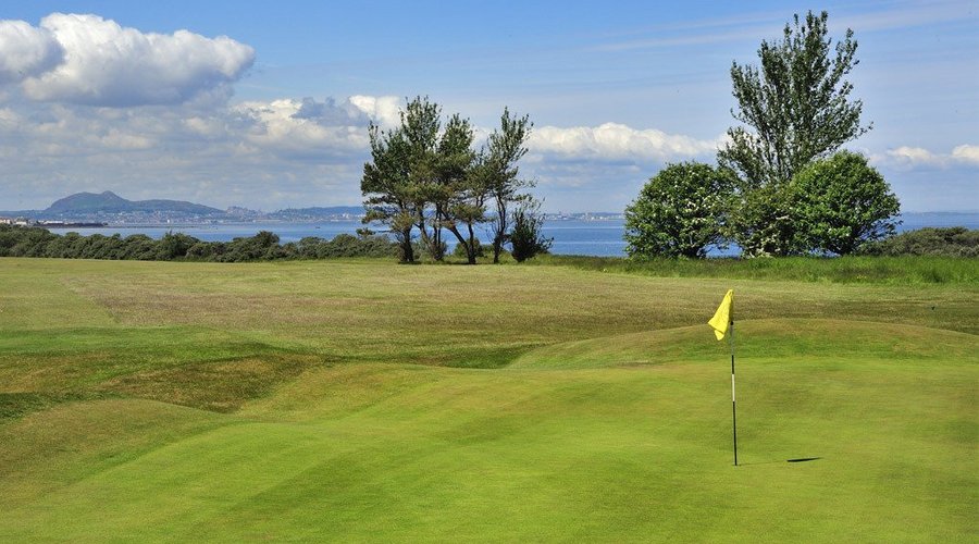 14th green with views to Edinburgh at Longniddry Golf Club