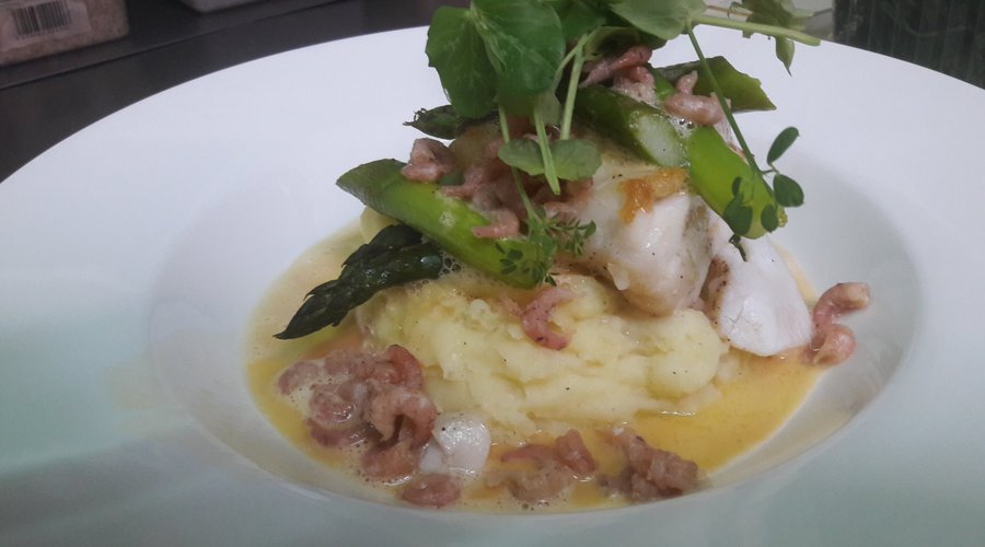 Kabeljauwhaasje met gepocheerd eitje, mousselinesaus en puree 