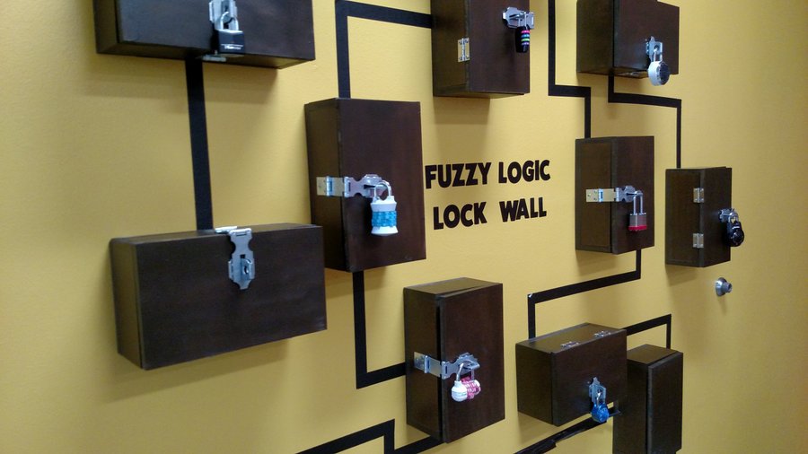 New to escape rooms? Learn skills used in an escape room at the Fuzzy Logic Lock Wall in the lob