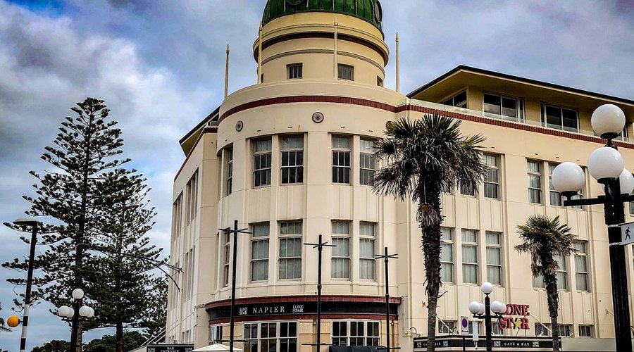 The Dome, Napier, New Zealand . Look carefully we are the 2 tiny spots on the penthouse floor.