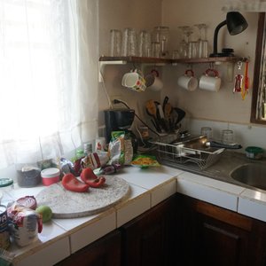 A close up of the kitchen