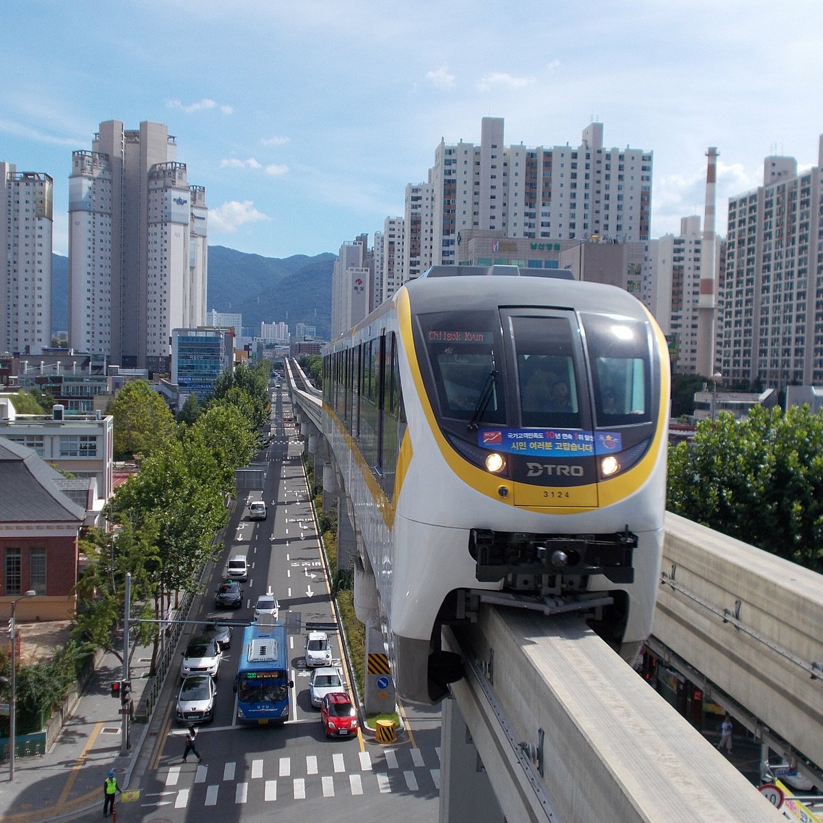 The Daegu Metro showing one of the smart monorail trains on its elevated track.