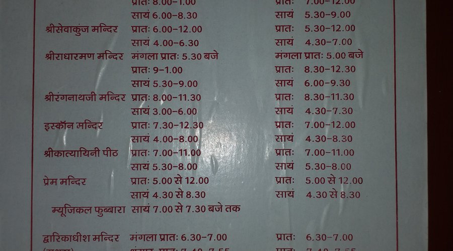 Temple timings in Vrindavan & Mathura