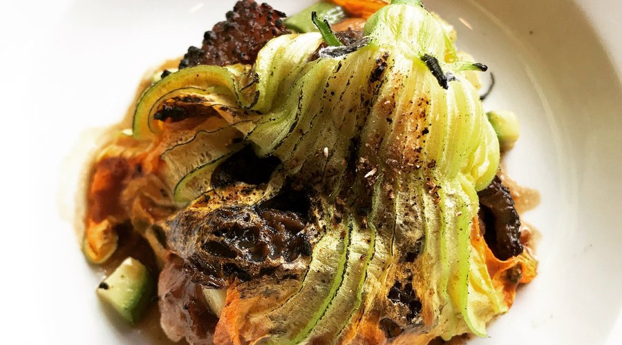 Plat de début d'été. Fleur de courgette et morille.