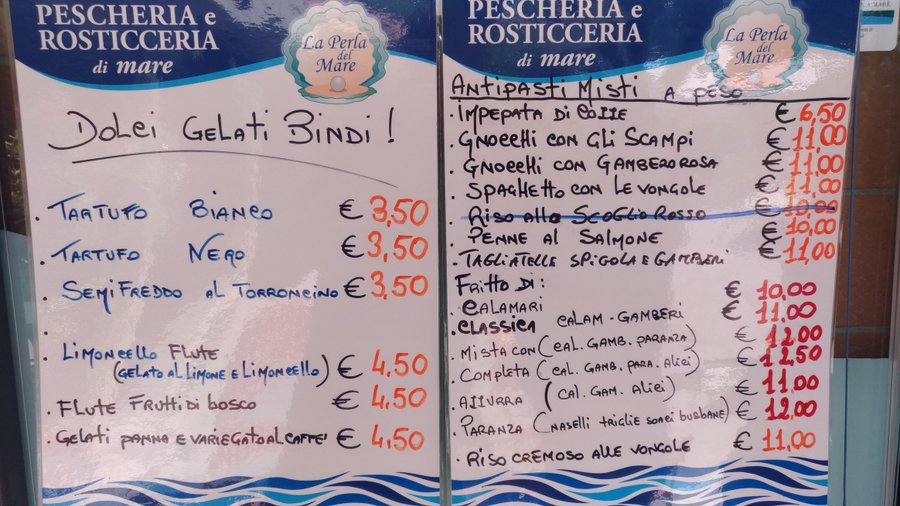 menù della pescheria Perla Del Mare
