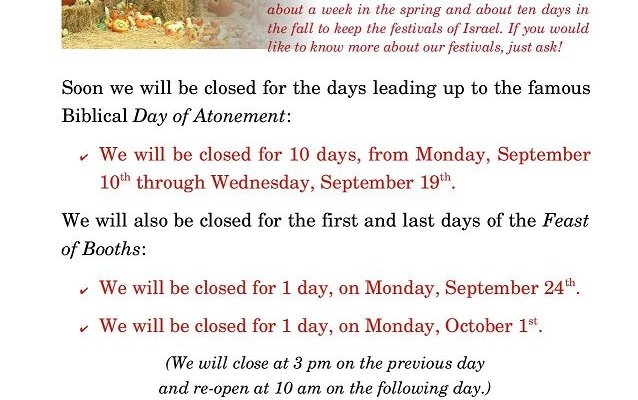 Schedule for days closed for the Fall Fesivals