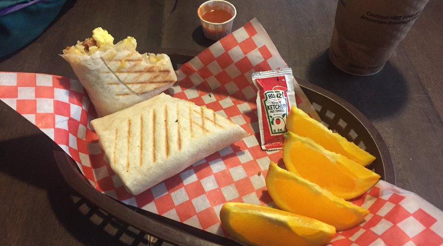 Breakfast burrito/panini at Chartreuse Moose cafe. SOOOO tasty after 6 days on the Bowron Lakes!