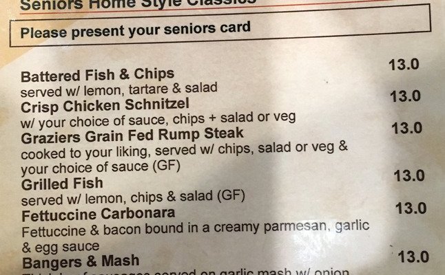 Seniors menu