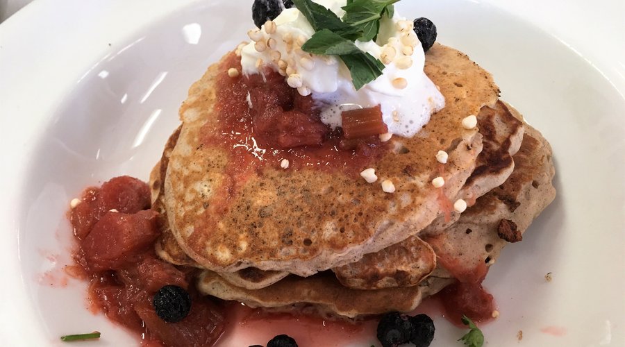 Whole wheat pancakes with rhubarb