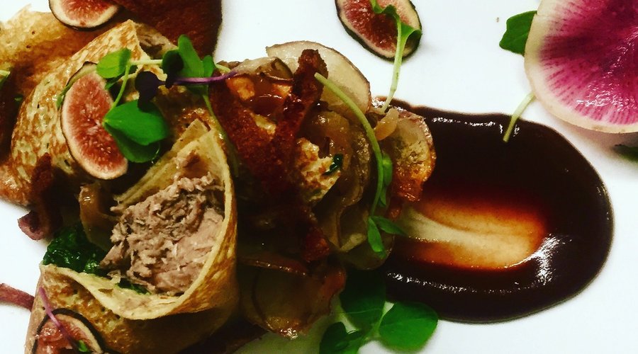 Duck Confit Crepes with Fig Demiglace