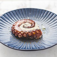 Galician octopus ‘a la josper’, ajo blanco & jalapeño