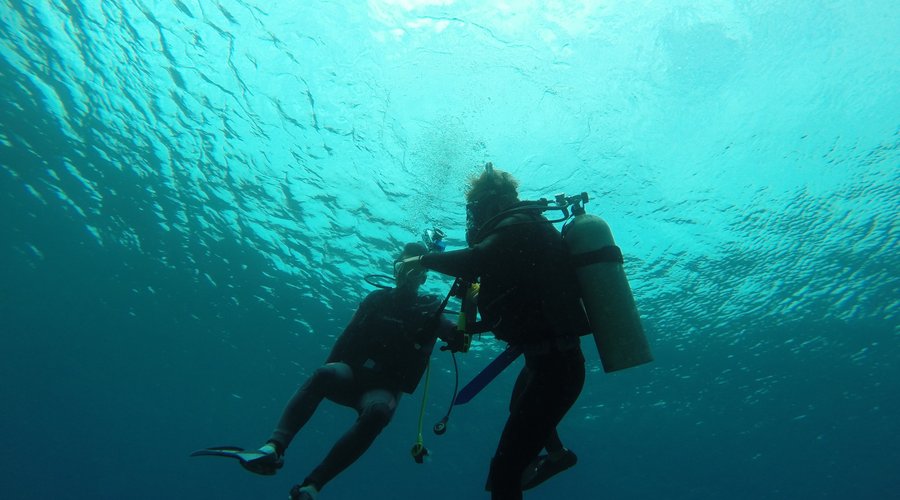 Making our way down to the Manza Dream Hole with Piranha Divers Okinawa.