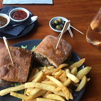 Excellent steak sandwich lunch & pink bubbles!