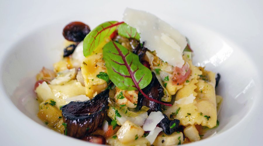 Sweet Potato Agnolotti -Smoked Mushrooms, Braised Leek, Pomegranate, Piave
