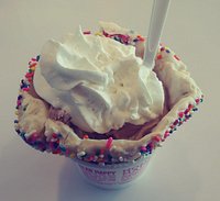 2 scoops, Chocolate & Sweet Cream Ice Cream in a White Chocolate Waffle Bowl w/ Whipped Cream...