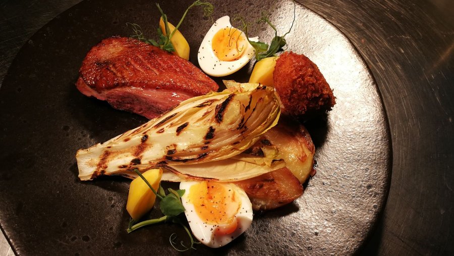 Pan-fried Duck Breast, Charred Chicory,
Crispy Hens Egg, Duck Croquette 
served with Gratin Dauphinoise, Beetroot and Red wine jus.