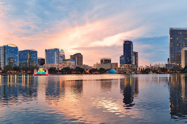 Orlando Florida Skyline & Fountain From Across Lake Eola~Continental  Postcard