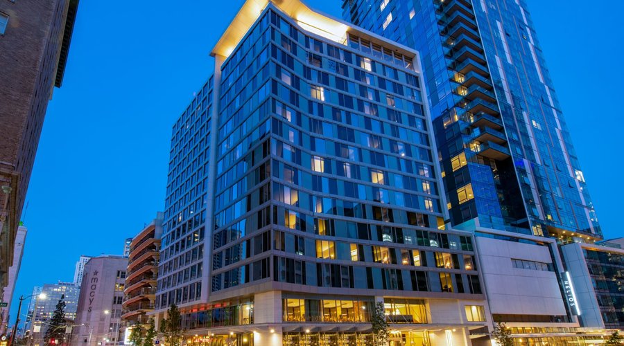 The Charter Hotel exterior at night