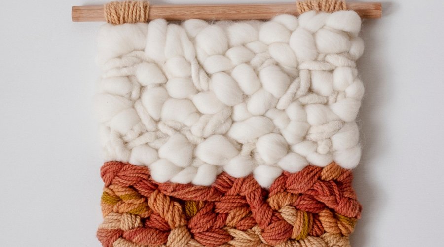We have weavings for sale, or roving and yarn so you can weave your own!